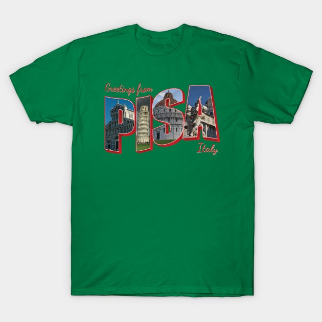 Greetings from Pisa in Italy Vintage style retro souvenir T-Shirt by DesignerPropo